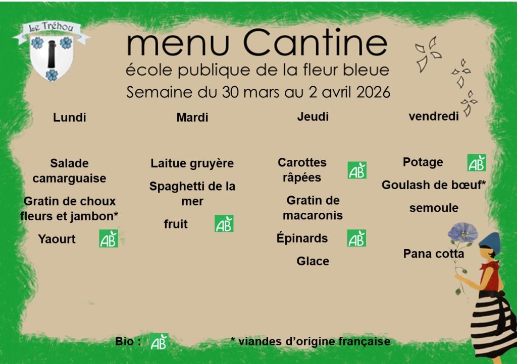 menu du 30 mars au 2 avril 2026